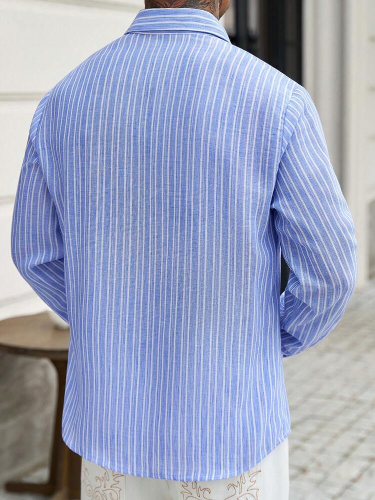Manfinity CasualCool Casual Fashion Versatile Woven Striped Blue And White Shirt - Blue and White - View 2