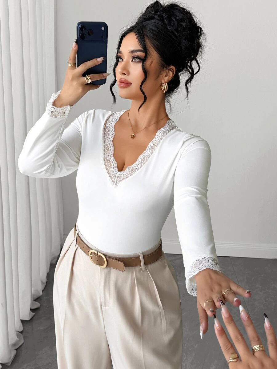 Elenzga Plus Size Women Fall Elegant Commute V-Neck Top, Lace Splicing At Collar & Cuffs, Versatile Autumn Winter Layering Tee For Under Jackets - White - View 1
