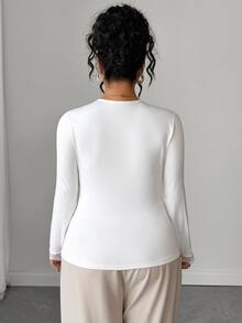Elenzga Plus Size Women Fall Elegant Commute V-Neck Top, Lace Splicing At Collar & Cuffs, Versatile Autumn Winter Layering Tee For Under Jackets - White - View 2