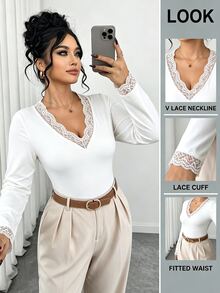 Elenzga Plus Size Women Fall Elegant Commute V-Neck Top, Lace Splicing At Collar & Cuffs, Versatile Autumn Winter Layering Tee For Under Jackets - White - View 7