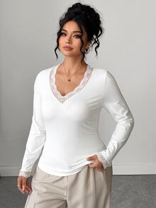 Elenzga Plus Size Women Fall Elegant Commute V-Neck Top, Lace Splicing At Collar & Cuffs, Versatile Autumn Winter Layering Tee For Under Jackets - White - View 4