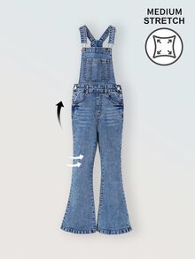 Tween Girl Vintage Washed Adjustable Strap Y2K Stretchy Denim Flared Pants, School, Campus, College Summer Holiday Autumn Fall - Light Wash - View 3