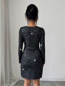 SHEIN Split Hem Sequin Short Dress - Black - View 2