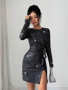 SHEIN Split Hem Sequin Short Dress - Black - View 7