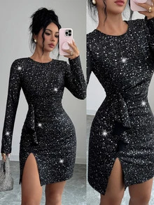 SHEIN Split Hem Sequin Short Dress - Black - View 1