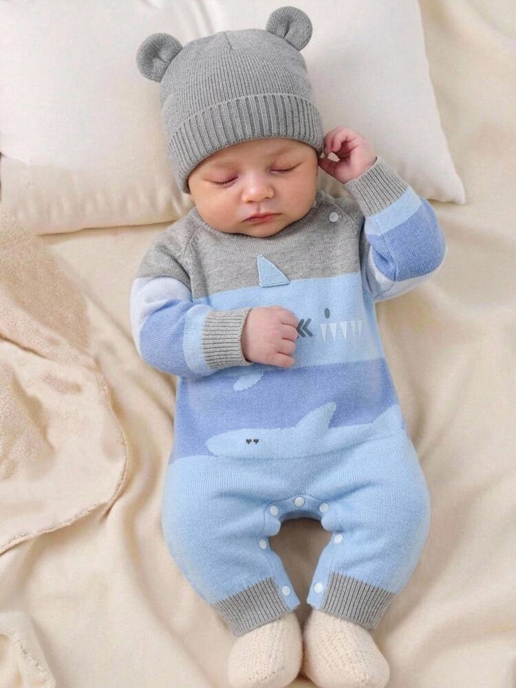 SHEIN Fall Winter Baby Boys Blue Cartoon Print Color Block Animal Motif Knit Romper, Soft Warm Comfortable, Festival Outfits Christmas School Party - Blue - View 9