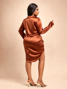 Brilight Elegant Satin Collared Wrap Front Mini Dress For Office Brunch Formal Event - Rust Brown - View 2
