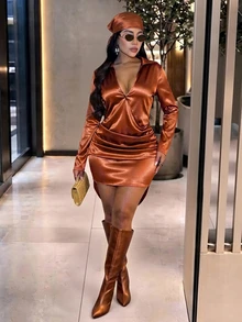 Brilight Elegant Satin Collared Wrap Front Mini Dress For Office Brunch Formal Event - Rust Brown - View 1
