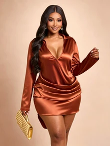 Brilight Elegant Satin Collared Wrap Front Mini Dress For Office Brunch Formal Event - Rust Brown - View 6