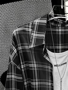 INAWLY Plus Size Women's Plaid Long Sleeve Single-Breasted Casual Shirt Fall - Black and White - View 4