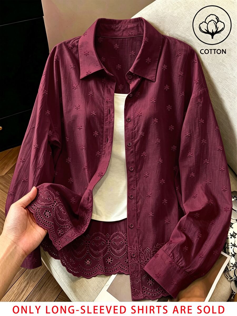 Franclia 時尚休閒優雅百搭純色刺繡純棉布料寬鬆女款襯衫 教師節 辦公室 茶會 酒紅色 秋季 - 酒紅色 - 查看 1