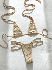 SHEIN Swim 2件式比基尼套裝，春夏海灘度假，亮片紋理面料，掛脖三角上衣與側邊雙繩丁字褲下裝，性感女款泳衣 - 金色 - 查看 1