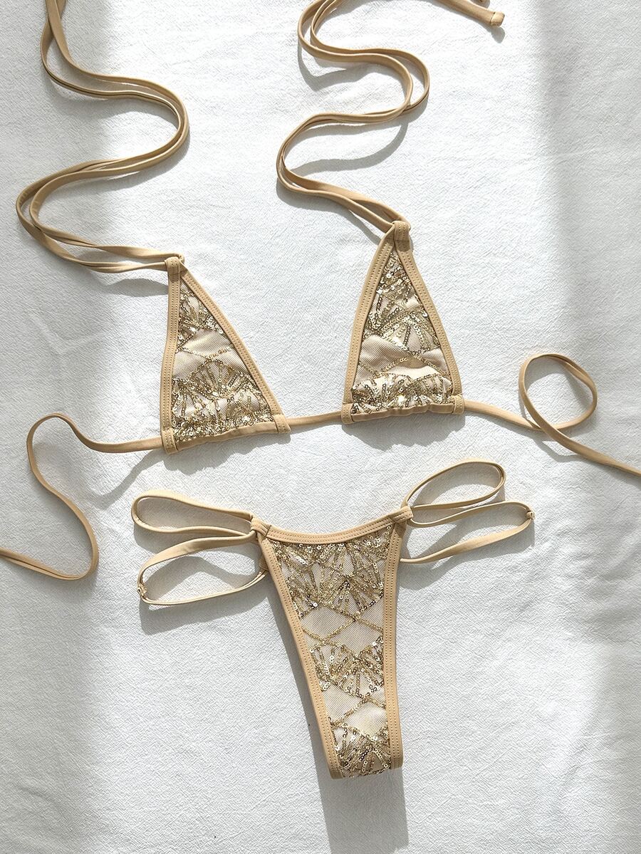 SHEIN Swim 2件式比基尼套裝,春夏海灘度假,亮片紋理面料,掛脖三角上衣與側邊雙繩丁字褲下裝,性感女款泳衣 - 金色 - 查看 1