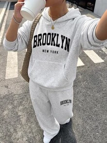 SHEIN 青少年女孩秋季灰色字母印花運動風運動衫套裝街頭休閒風 - 灰色 - 查看 4