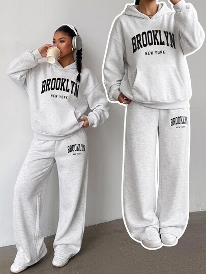 SHEIN Teen Girls Teen Girl Autumn Gray Letter Print Sporty Sweatshirt Set Streetwear Casual