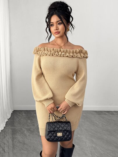 SHEIN Elenzya Fall & Winter New Plus-Size Women's Off-Shoulder Knit Dress. Elegant Ruffle-Trimmed Bodycon Sweater Dress In Camel Color, With Long Puff Sleeves, Desi