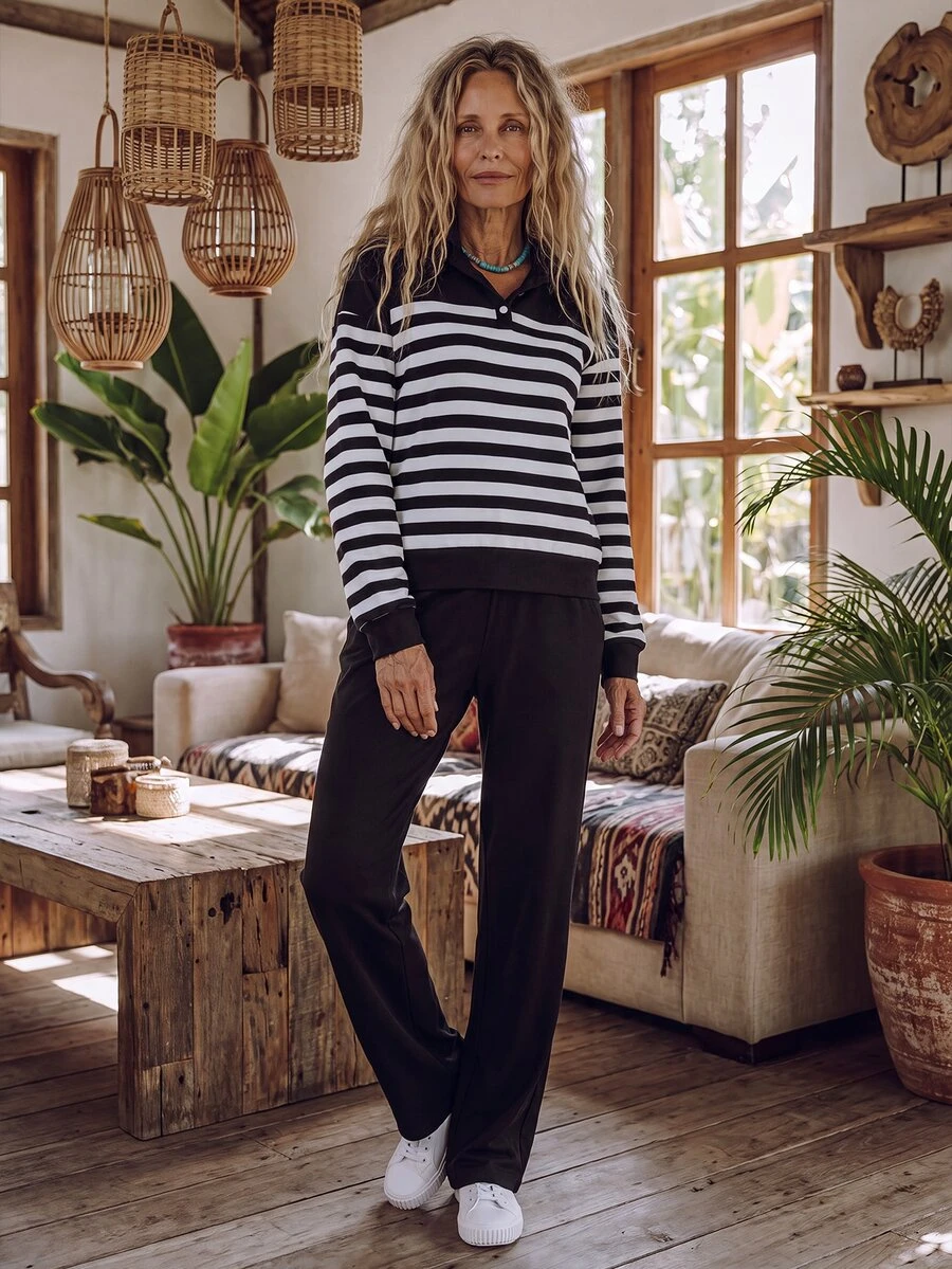 Zayélia Outfit Black And White Half Button Collar Long Sleeve Top Wide ...