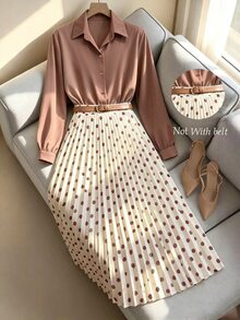 GlowEve Solid Blouse & Polka Dot Pleated Skirt Set Without Belt - Coffee Brown - View 1