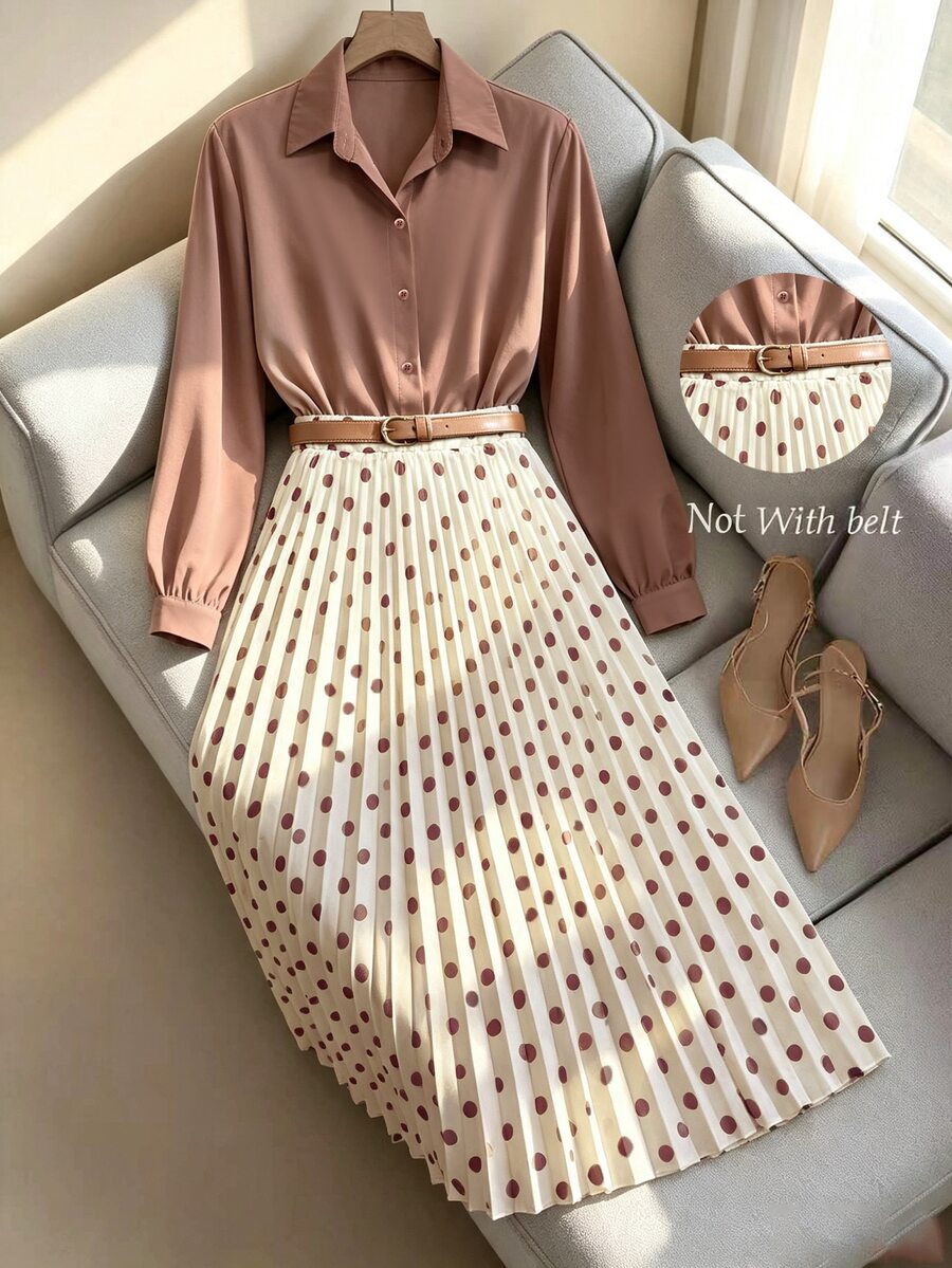 GlowEve Solid Blouse & Polka Dot Pleated Skirt Set Without Belt - Coffee Brown - View 1