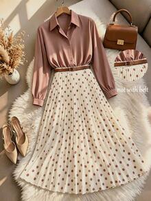 GlowEve Solid Blouse & Polka Dot Pleated Skirt Set Without Belt - Coffee Brown - View 3