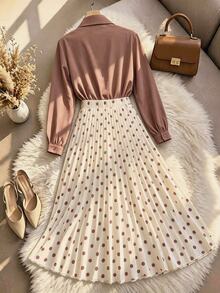 GlowEve Solid Blouse & Polka Dot Pleated Skirt Set Without Belt - Coffee Brown - View 2