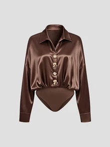 valorelle valorelle Bodysuit Model Bahu Jatuh dengan Kancing Depan, Cocok untuk Kerja, Makan Malam, Acara Malam, Cokelat Kopi, Elegan untuk Musim Gugur - Coklat - View 8