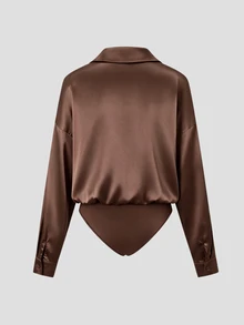 valorelle valorelle Bodysuit Model Bahu Jatuh dengan Kancing Depan, Cocok untuk Kerja, Makan Malam, Acara Malam, Cokelat Kopi, Elegan untuk Musim Gugur - Coklat - View 2