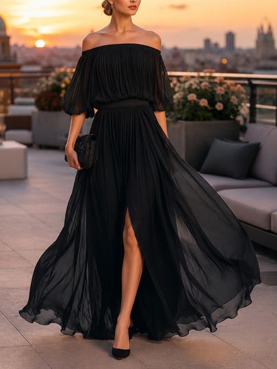 Balvessa Women's Off-Shoulder Pleated Chiffon Slit Long Dress Halloween Party Vacation Black Summer Sexy Elegant