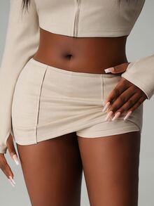 Nooralise Hot Girl Street Style Solid Color Diagonal Pocket Faux Suede Slim Fit Mini Skirt - Khaki - View 1