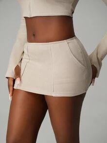 Nooralise Hot Girl Street Style Solid Color Diagonal Pocket Faux Suede Slim Fit Mini Skirt - Khaki - View 6
