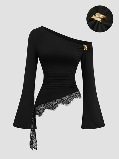 Sweetra Early Autumn New Asymmetrical Hemline Design Slanted Neckline Waist-Cinching Long Sleeve Top, Personalized Fashionable Versatile Gentle Elegant Korean Style Women's Blouse
