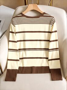 Franclia Women's Elegant Brown Asymmetrical Striped Knit Top For Multiple Occasions - Brown - View 2