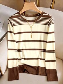 Franclia Women's Elegant Brown Asymmetrical Striped Knit Top For Multiple Occasions - Brown - View 1