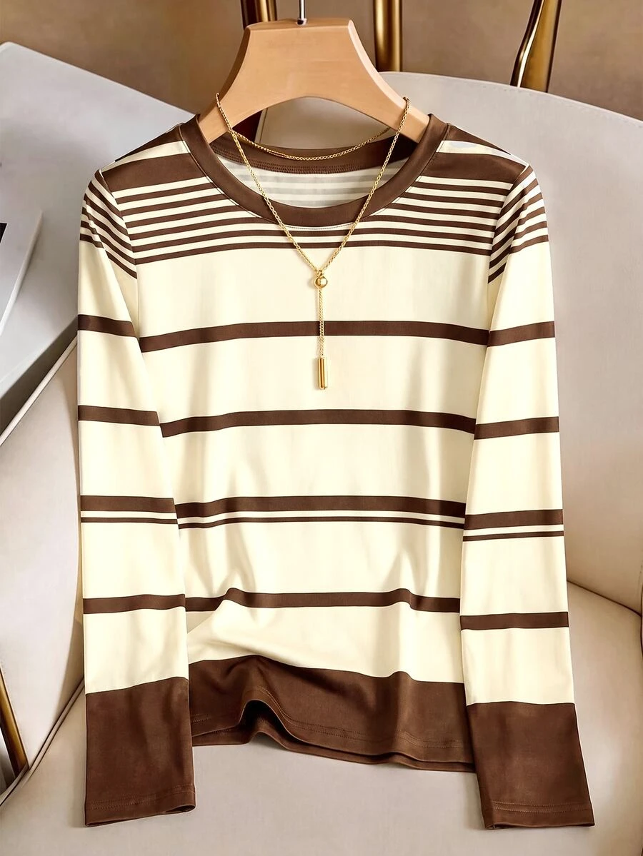 Franclia Women's Elegant Brown Asymmetrical Striped Knit Top For Multiple Occasions - Brown - View 1