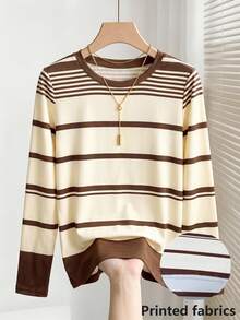 Franclia Women's Elegant Brown Asymmetrical Striped Knit Top For Multiple Occasions - Brown - View 3