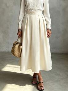 SHEIN Holidaya Women's Solid Color Elegant French Style Satin-Like Beige Skirt - White - View 3