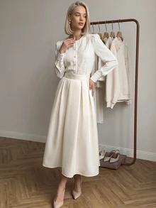 SHEIN Holidaya Women's Solid Color Elegant French Style Satin-Like Beige Skirt - White - View 5