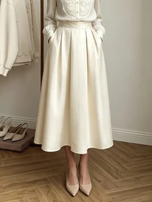 SHEIN Holidaya Women's Solid Color Elegant French Style Satin-Like Beige Skirt - White - View 4