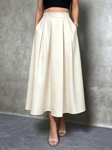 SHEIN Holidaya Women's Solid Color Elegant French Style Satin-Like Beige Skirt - White - View 1