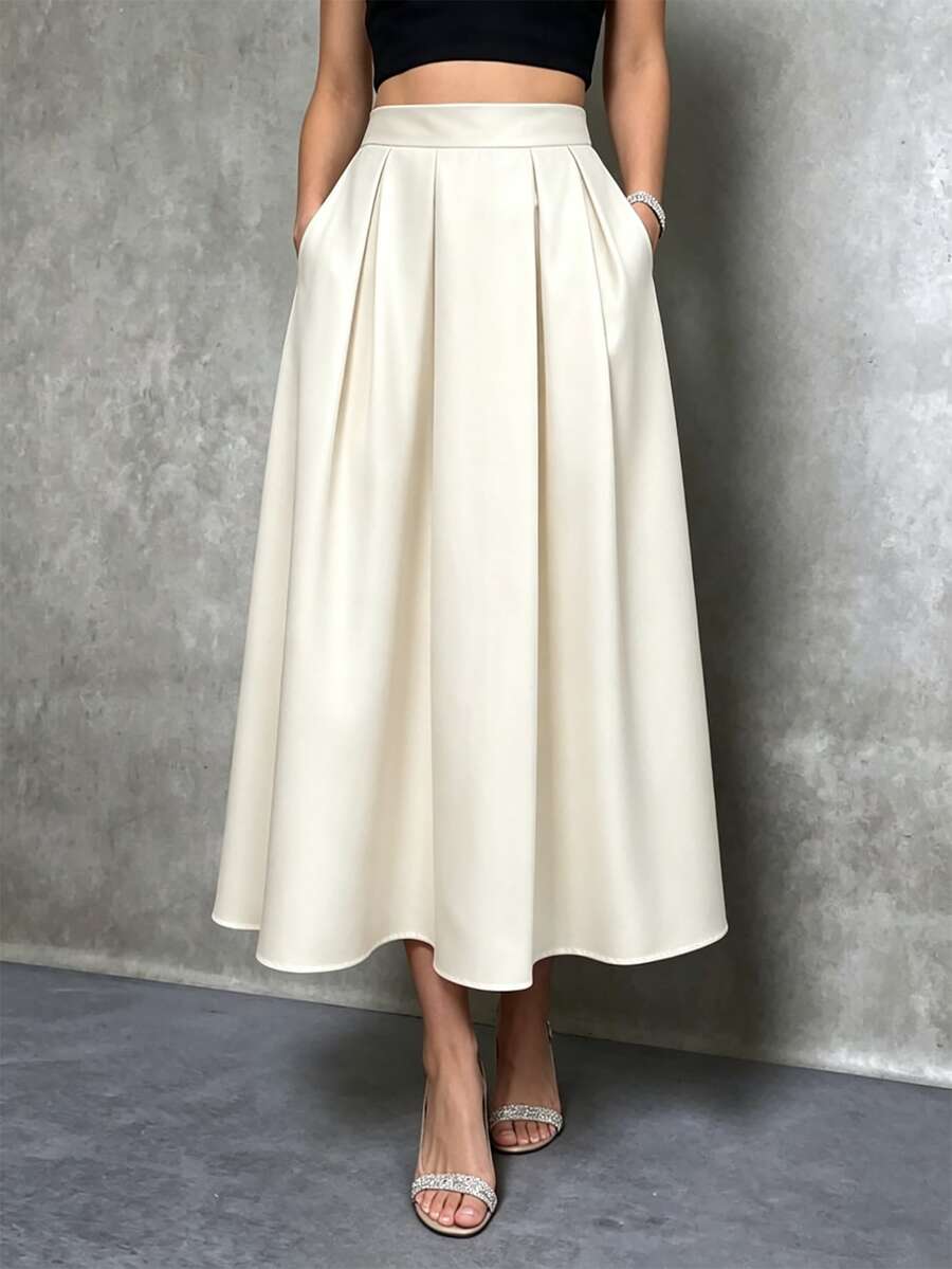 SHEIN Holidaya Women's Solid Color Elegant French Style Satin-Like Beige Skirt - White - View 1