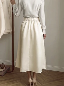 SHEIN Holidaya Women's Solid Color Elegant French Style Satin-Like Beige Skirt - White - View 2
