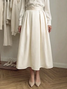 SHEIN Holidaya Women's Solid Color Elegant French Style Satin-Like Beige Skirt - White - View 6