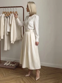 SHEIN Holidaya Women's Solid Color Elegant French Style Satin-Like Beige Skirt - White - View 7