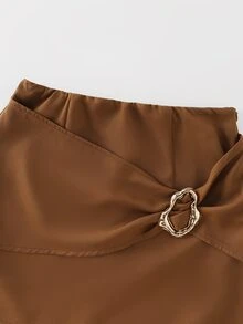INAWLY Women's 2-Piece Set, Maillard Coffee & White Striped Long Sleeve Shirt And High-Waist Twist Metal Buckle Bodycon Mini Skirt, Commuter Elegant Outfit - Brown - View 7
