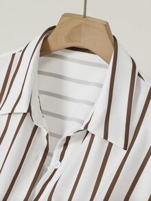 INAWLY Women's 2-Piece Set, Maillard Coffee & White Striped Long Sleeve Shirt And High-Waist Twist Metal Buckle Bodycon Mini Skirt, Commuter Elegant Outfit - Brown - View 4