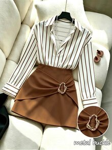 INAWLY Women's 2-Piece Set, Maillard Coffee & White Striped Long Sleeve Shirt And High-Waist Twist Metal Buckle Bodycon Mini Skirt, Commuter Elegant Outfit - Brown - View 1