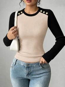 Elenzga Autumn New Cashmere Round Neck Contrast Collar Slim Fit Elegant Commuter Women's Base Layer Brushed Top - Khaki - View 3