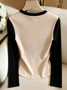 Elenzga Autumn New Cashmere Round Neck Contrast Collar Slim Fit Elegant Commuter Women's Base Layer Brushed Top - Khaki - View 2