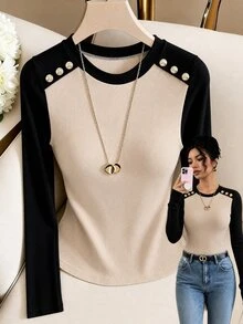 Elenzga Autumn New Cashmere Round Neck Contrast Collar Slim Fit Elegant Commuter Women's Base Layer Brushed Top - Khaki - View 4