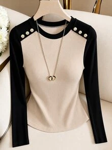 Elenzga Autumn New Cashmere Round Neck Contrast Collar Slim Fit Elegant Commuter Women's Base Layer Brushed Top - Khaki - View 5